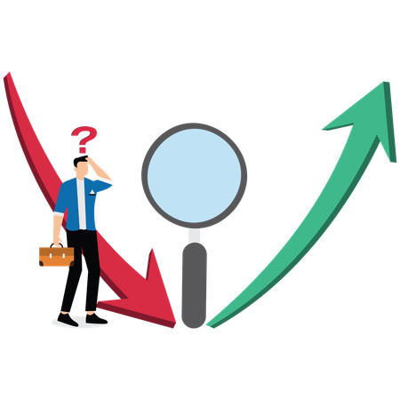 Businessman looking quizzically at the up and down arrows to the left and right of the magnifying glass  Illustration