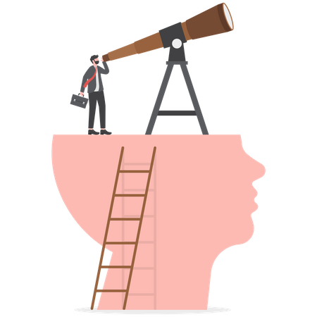 Businessman looking sky on the head with big telescope for discovery new investment  Illustration