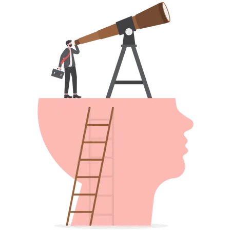 Businessman looking sky on the head with big telescope for discovery new investment  Illustration