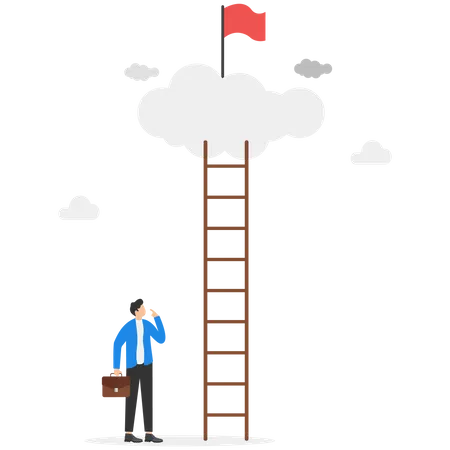 Businessman Looked Suspiciously At The Ladder That Would Allow Him To Climb To Take The Flag Of Success Progress Towards Success Career Development Or Business Improvement Reaching A Better Quality Illustration
