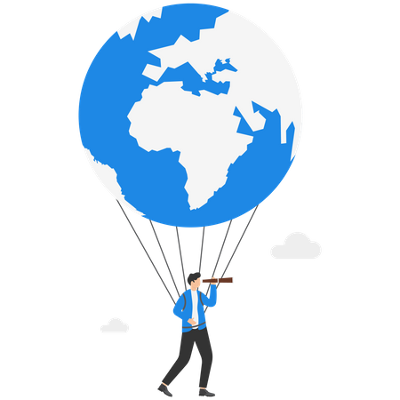 Businessman looking telescope in globe air balloon  Illustration