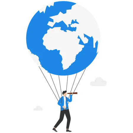 Businessman Looking Telescope In Globe Air Balloon Concept Business Vector Illustration Illustration