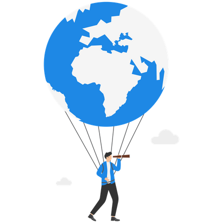 Businessman looking telescope in globe air balloon  Illustration