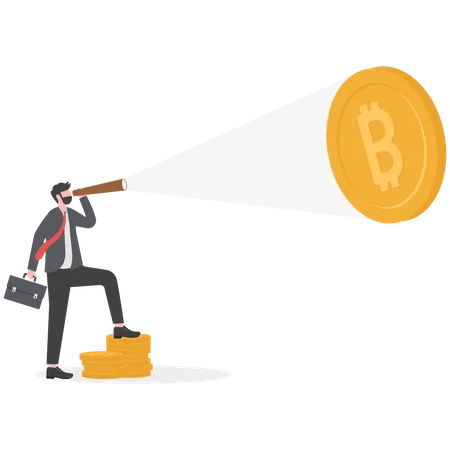 Businessman Looking Through A Telescope Bitcoin For Invest In The Future Vector Illustration Illustration