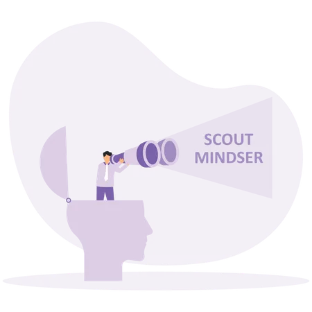 Businessman looking through a telescope on human head for scout mindset  Illustration