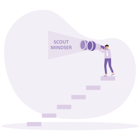 Businessman looking through a telescope on stair step scout mindset  Illustration