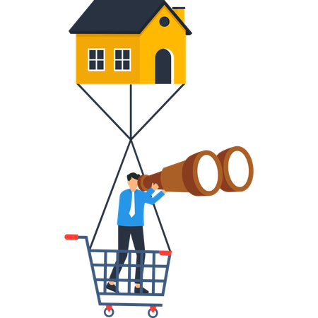 Businessman Looking Through Binoculars at a House Real Estate  Illustration