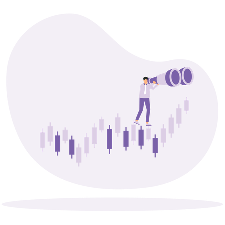 Businessman looking through binoculars at trading candlestick chart  Illustration