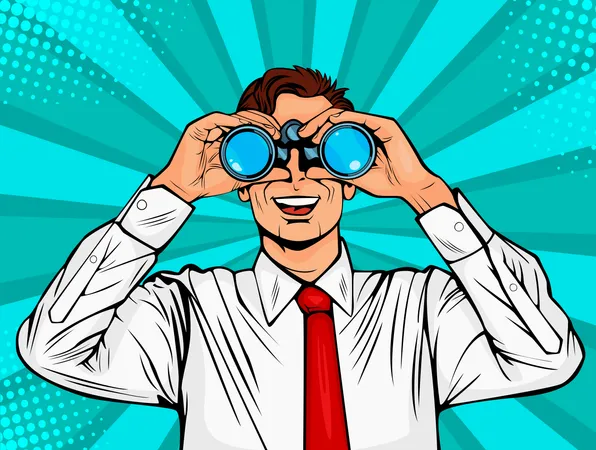 Businessman looking through binoculars. Surprised man with open mouth. Colorful vector background in pop art retro comic style. Illustration