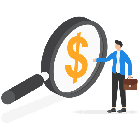 Businessman looking through magnifying glass to see dollar money sign search for money  Illustration