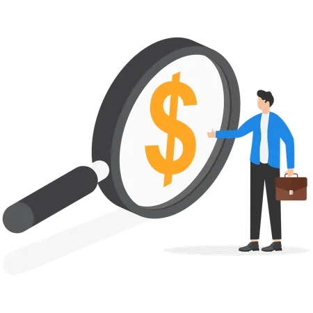 Businessman looking through magnifying glass to see dollar money sign search for money  Illustration