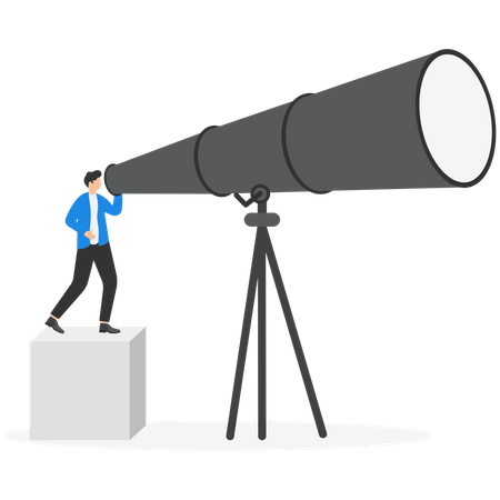 Businessman looking through oversized long telescope to see future  Illustration