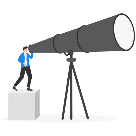 Long Term Plan Or Business Strategy For Far Future Looking For Opportunity Forecast And Visionary Discover Long Term Goal Concept Businessman Looking Through Oversized Long Telescope To See Future Illustration