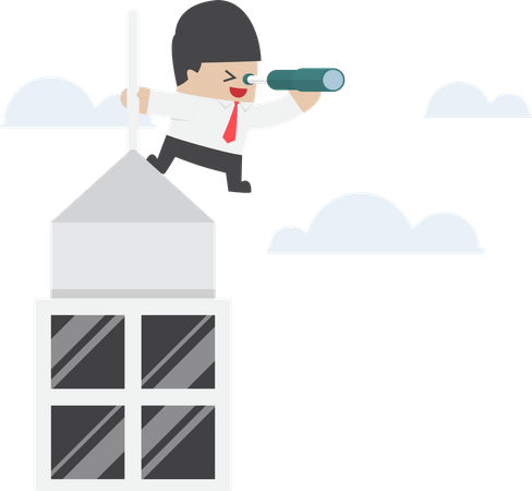 Businessman looking through spyglass on the top of building Illustration
