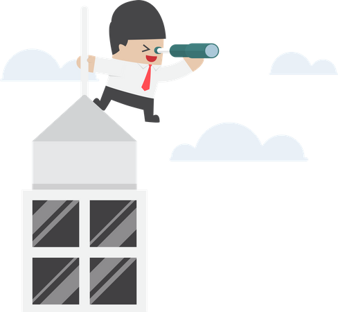 Businessman looking through spyglass on the top of building  Illustration