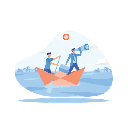 Businessman looking through telescope by two business people standing with oars floating on paper boat in  sea  Illustration