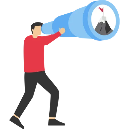 Motivation For Success Challenge And Determination To Win Concept Ambition To Aim High And Achieve Business Goals Ambitious Businessman Looking Through A Telescope For Mountain Peak Target イラスト