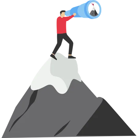 Motivation For Success Challenge And Determination To Win Concept Ambition To Aim High And Achieve Business Goals Ambitious Businessman Looking Through A Telescope For Mountain Peak Target Illustration