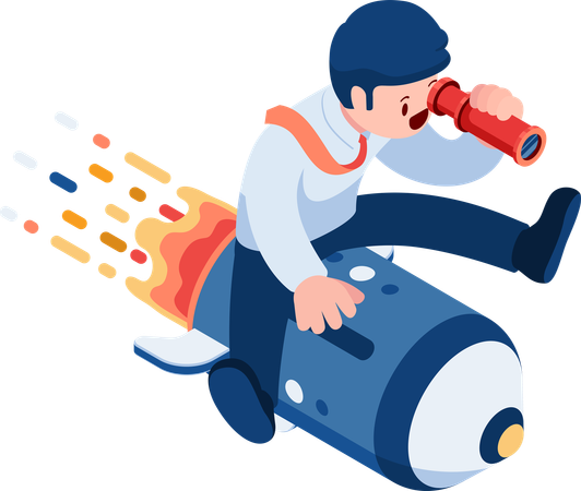 Businessman Looking Through Telescope on Rocket Business Vision  Illustration