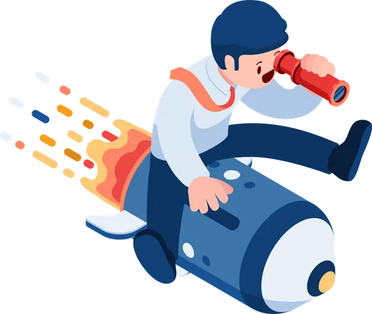 Businessman Looking Through Telescope on Rocket Business Vision  Illustration