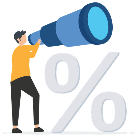 Businessman looking through telescope standing beside percentage  Illustration