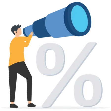 Businessman looking through telescope standing beside percentage  Illustration