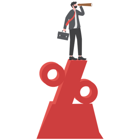 Businessman looking through telescope standing on top of percentage sign  イラスト