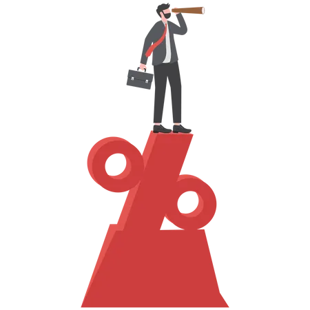 Businessman Looking Through Telescope Standing On Top Of Percentage Sign Concept Business Marketing Illustration