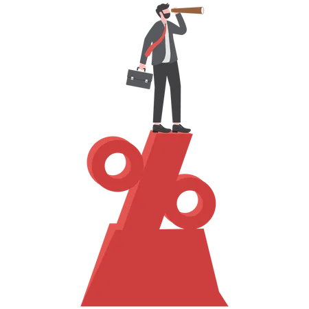 Businessman looking through telescope standing on top of percentage sign  Illustration