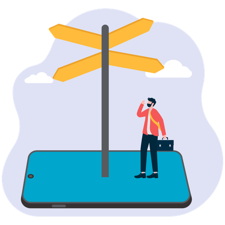 Businessman looking through telescope while standing on road sign  Illustration