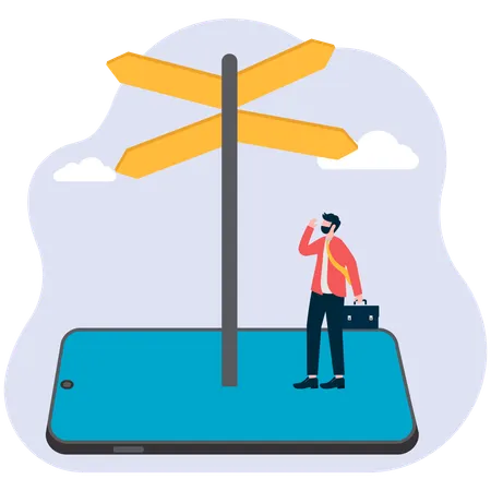 Businessman looking through telescope while standing on road sign  Illustration