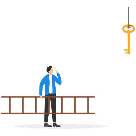 Businessman looking up at the key high up in the wall  Illustration