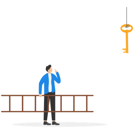 Businessman looking up at the key high up in the wall  Illustration