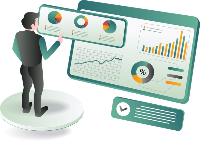 Businessman looking various graphs and charts  Illustration