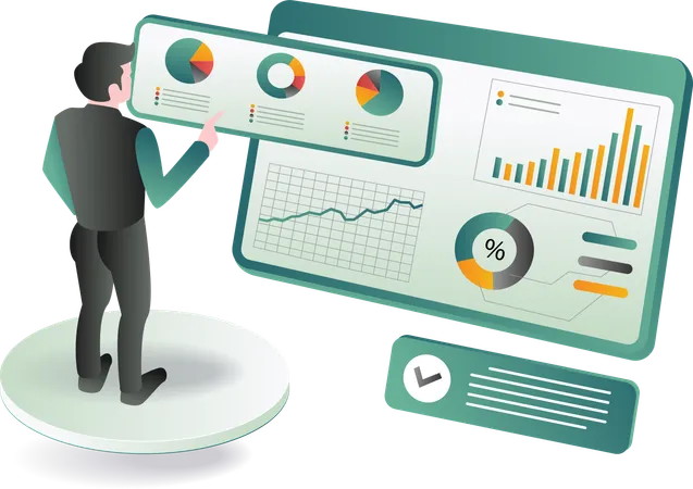 Businessman looking various graphs and charts  Illustration