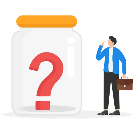 Businessman looks at a question mark under a glass cap  Illustration