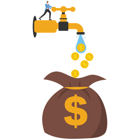 Businessman looks at currency flow from tap  Illustration