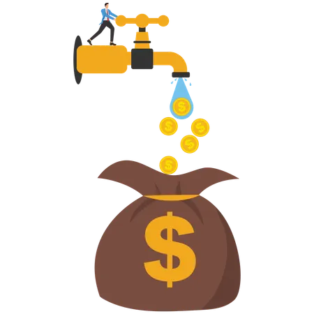 Businessman looks at currency flow from tap  Illustration