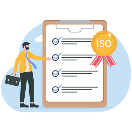 Businessman looks at ISO certificate  Illustration