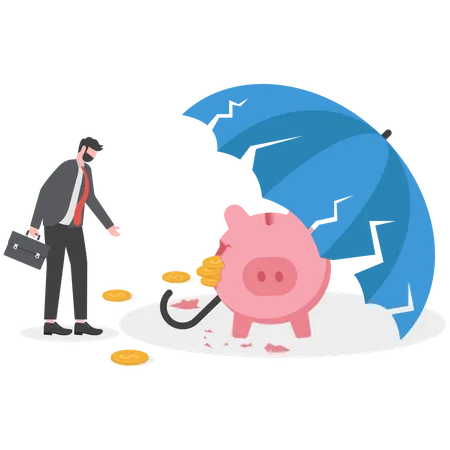 Crisis Business Concept Businessman Looks At Piggy Bank Under The Broken Umbrella Finance Economy Fall Down Illustration