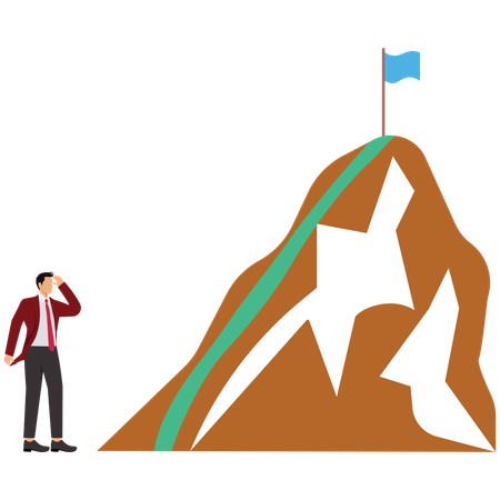 Businessman looks at the target flag on the top of the mountain  Illustration