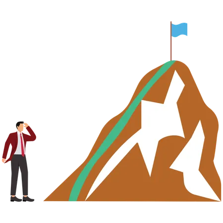 Businessman looks at the target flag on the top of the mountain  Illustration