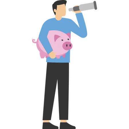 Businessman looks for money to put in a piggy bank  Illustration