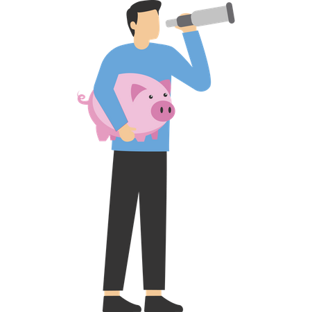 Businessman looks for money to put in a piggy bank  Illustration