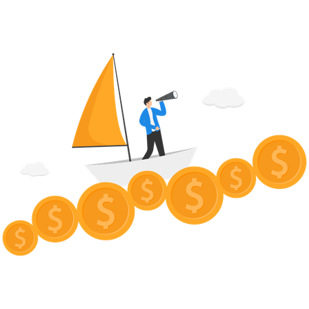 Businessman looks in a telescope standing on a paper boat among the waves gold coins  Illustration