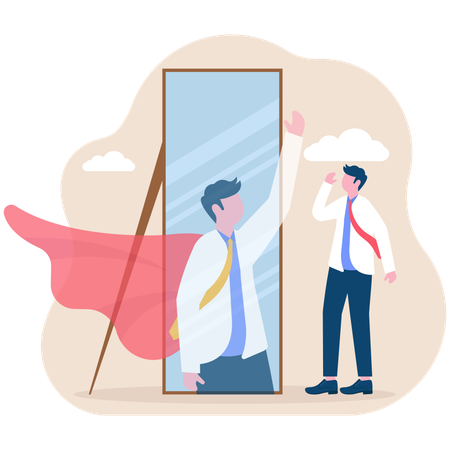 Businessman looks in mirror as superhero  Illustration