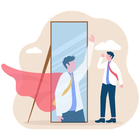 Businessman looks in mirror as superhero  Illustration