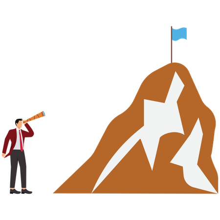 Businessman looks into the telescope at the flag of the mountain  Illustration