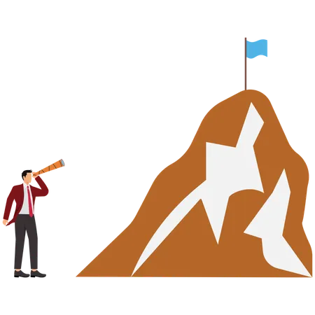 Businessman looks into the telescope at the flag of the mountain  Illustration