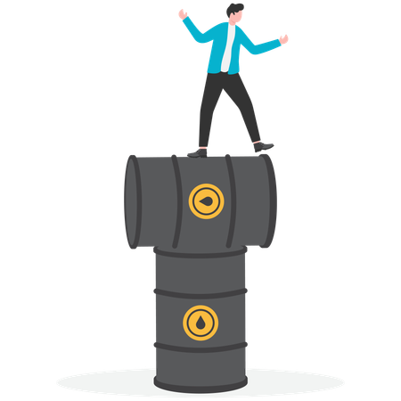 Businessman loses balance in stacked oil barrels  Illustration